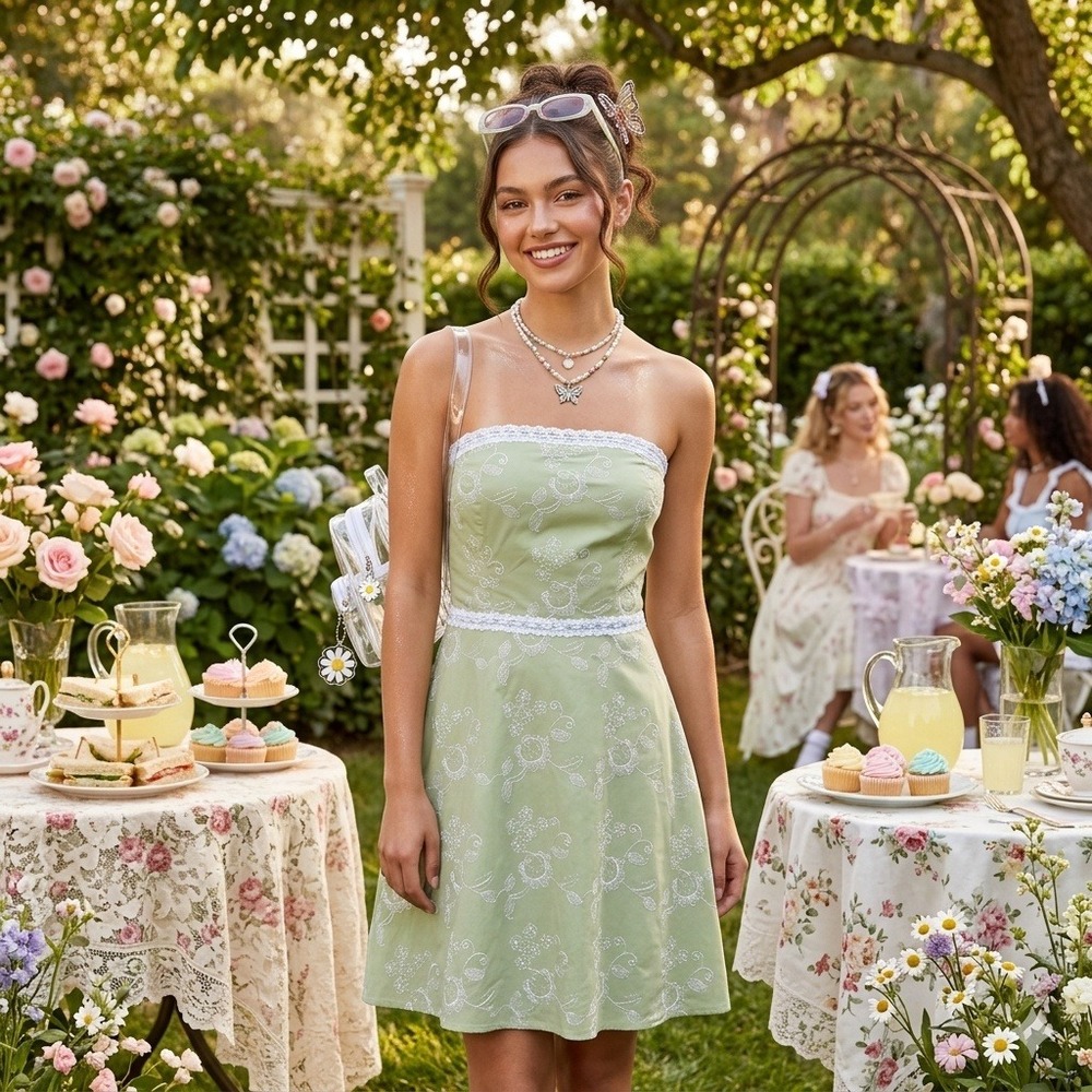 Y2K Necessary Objects Strapless Embroidered Floral Lace Trim Dress Green M‎ NOS
